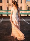 A-line Scoop Neck Champagne Tulle Appliques Lace Floor-length New Long Sleeve Wedding Dresses #DOB00022808