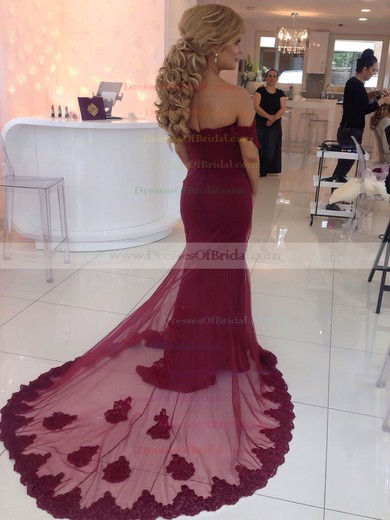 Sexy Trumpet/Mermaid Burgundy Tulle Appliques Lace Court Train Off-the-shoulder Wedding Dresses #DOB00022809