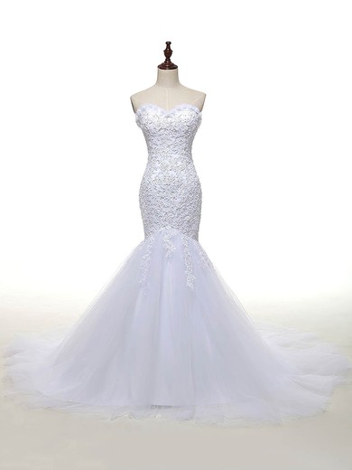 Sweetheart White Tulle Appliques Lace Court Train Custom Trumpet/Mermaid Wedding Dresses #DOB00022810