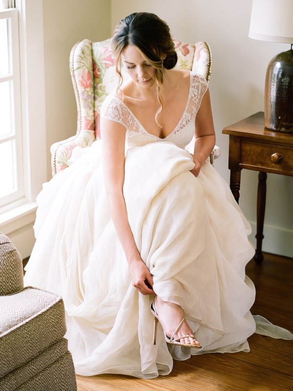 A-line V-neck Chiffon Tulle with Pick-Ups Sweep Train Cap Straps Fashion Wedding Dresses #DOB00022812