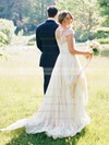 A-line V-neck Chiffon Tulle with Pick-Ups Sweep Train Cap Straps Fashion Wedding Dresses #DOB00022812