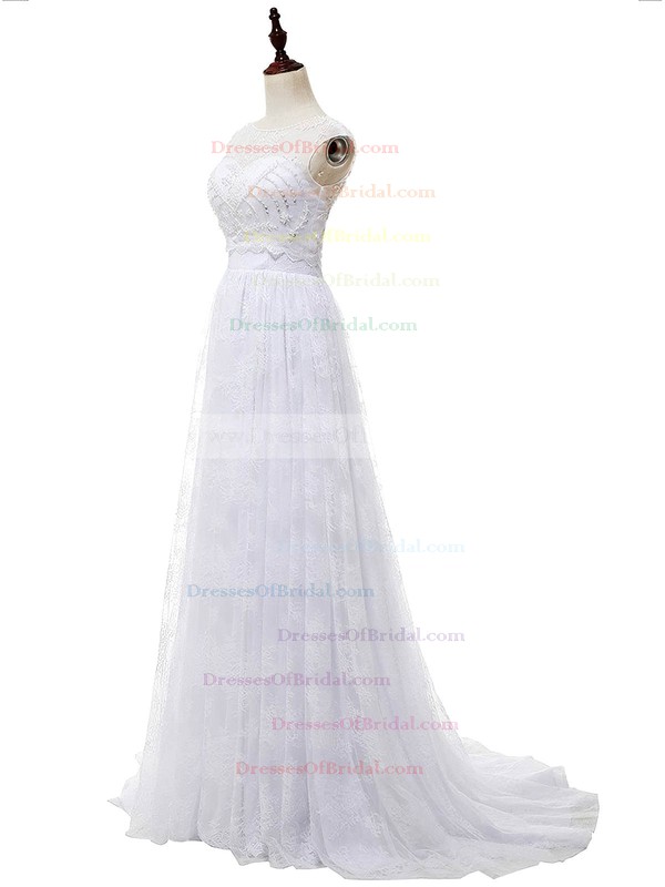 Affordable A-line Sweetheart Lace Chiffon with Appliques Lace Sweep Train Wedding Dresses #DOB00022813