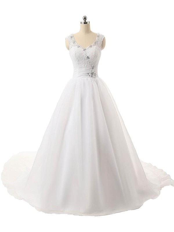 Inexpensive V-neck Organza with Beading Court Train Ball Gown Wedding Dresses #DOB00022815