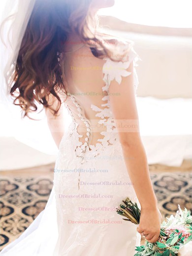 Newest Scoop Neck Tulle Silk-like Satin Appliques Lace Sweep Train Sheath/Column Wedding Dresses #DOB00022819
