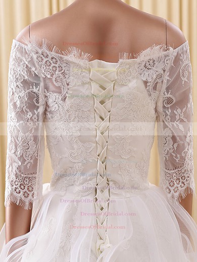 A-line Off-the-shoulder Organza Tulle Appliques Lace Cute Short/Mini 1/2 Sleeve Wedding Dresses #DOB00022822