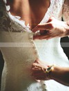 Popular V-neck Tulle Appliques Lace Sweep Train Trumpet/Mermaid Long Sleeve Wedding Dresses #DOB00022825