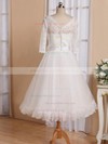 Cheap Tea-length A-line V-neck Tulle with Flower(s) 3/4 Sleeve Wedding Dresses #DOB00022826