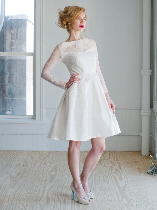 Short/Mini A-line Scoop Neck Lace Satin Appliques Lace Long Sleeve Modern Wedding Dresses #DOB00022827