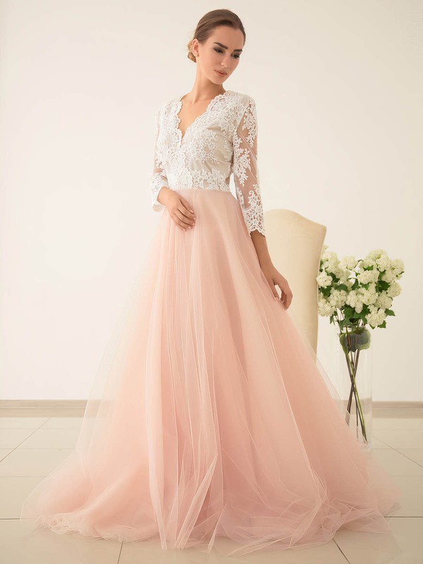 Pretty Princess V-neck Tulle with Appliques Lace Sweep Train 3/4 Sleeve Wedding Dresses #DOB00022828