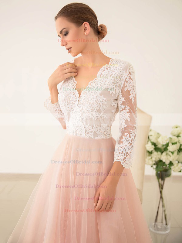 Pretty Princess V-neck Tulle with Appliques Lace Sweep Train 3/4 Sleeve Wedding Dresses #DOB00022828
