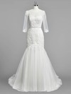 Trumpet/Mermaid Scoop Neck Tulle Appliques Lace Sweep Train Modest 3/4 Sleeve Wedding Dresses #DOB00022833