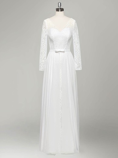 Cheap A-line V-neck Lace Chiffon Sashes / Ribbons Floor-length Long Sleeve Wedding Dresses #DOB00022834