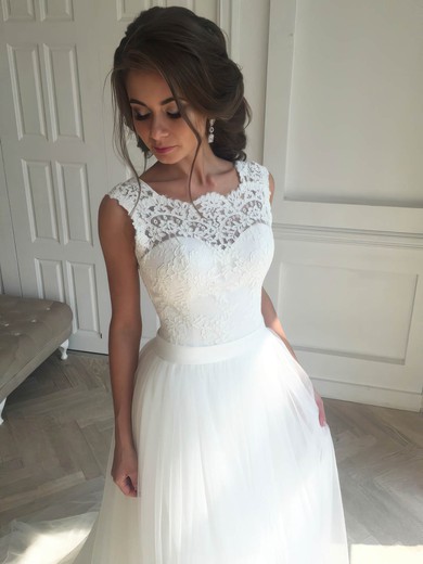 A-line Scoop Neck Tulle with Appliques Lace Sweep Train Sweet Backless Wedding Dresses #DOB00022835