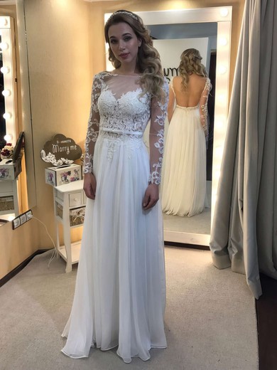 A-line Scoop Neck Tulle Chiffon Sashes / Ribbons Floor-length Unique Long Sleeve Backless Wedding Dresses #DOB00022836