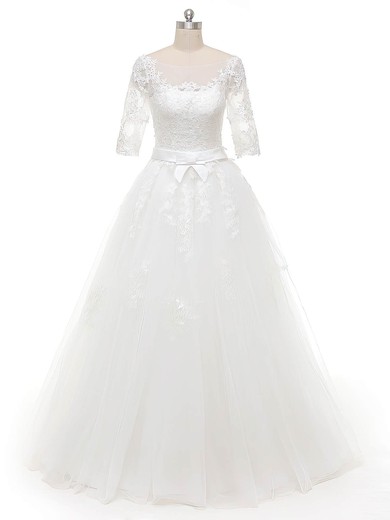 Ball Gown Scoop Neck White Tulle Appliques Lace Floor-length Original 1/2 Sleeve Wedding Dresses #DOB00022844