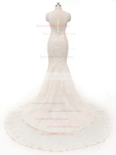 Perfect V-neck Ivory Tulle Crystal Detailing Court Train Trumpet/Mermaid Wedding Dresses #DOB00022845