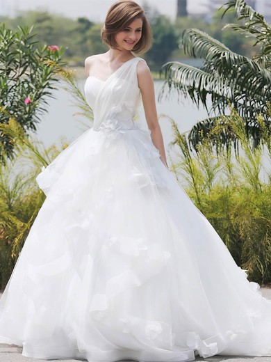Glamorous Ball Gown Tulle with Flower(s) Sweep Train One Shoulder Wedding Dresses #DOB00022850
