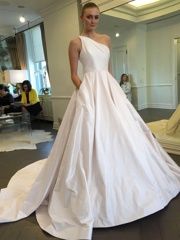 Classic Ball Gown Satin with Ruffles Sweep Train One Shoulder Wedding Dresses #DOB00022855
