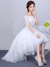 Asymmetrical A-line Off-the-shoulder Organza Tulle Appliques Lace 1/2 Sleeve High Low Pretty Wedding Dresses #DOB00022857