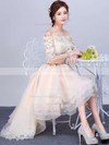 Asymmetrical A-line Off-the-shoulder Organza Tulle Appliques Lace 1/2 Sleeve High Low Pretty Wedding Dresses #DOB00022857