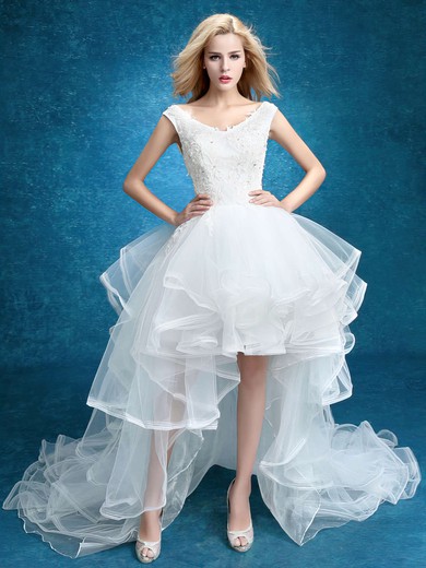 Asymmetrical A-line V-neck Tulle with Appliques Lace High Low Unique Wedding Dresses #DOB00022859