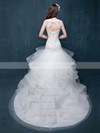 Trumpet/Mermaid Scoop Neck Organza Tulle Appliques Lace Court Train Fabulous Open Back Wedding Dresses #DOB00022860
