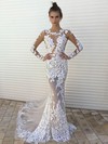 Sexy Trumpet/Mermaid Scoop Neck Tulle Appliques Lace Sweep Train Long Sleeve Wedding Dresses #DOB00022861