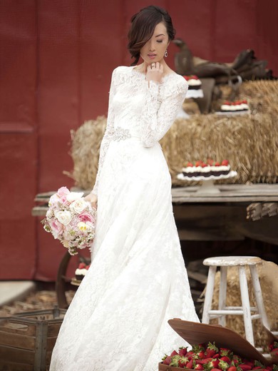 A-line Scoop Neck Lace Sashes / Ribbons Floor-length Newest Long Sleeve Wedding Dresses #DOB00022862
