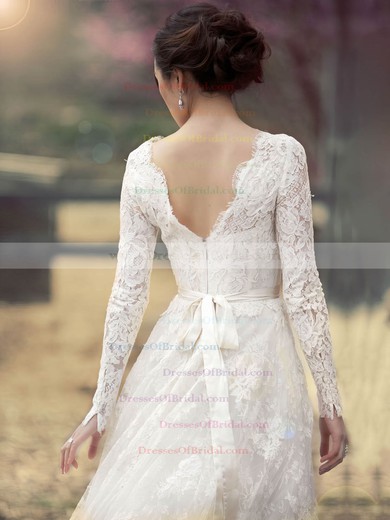 A-line Scoop Neck Lace Sashes / Ribbons Floor-length Newest Long Sleeve Wedding Dresses #DOB00022862