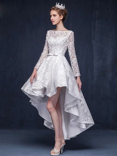 Different Asymmetrical A-line Scoop Neck Lace Beading Long Sleeve High Low Wedding Dresses #DOB00022863