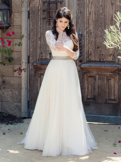 Beautiful A-line Scoop Neck Tulle Appliques Lace Floor-length 3/4 Sleeve Wedding Dresses #DOB00022865