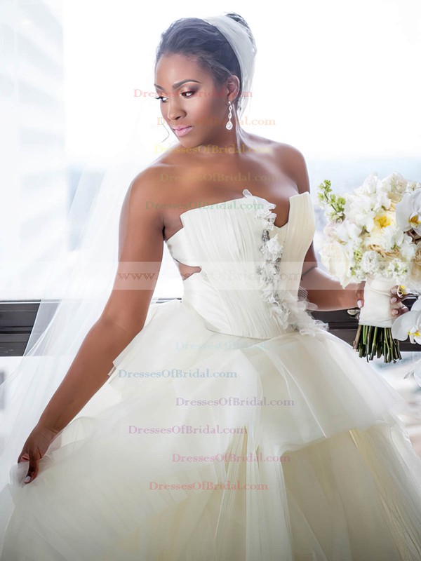 Ball Gown Strapless White Tulle Ruffles Court Train New Arrival Backless Wedding Dresses #DOB00022867