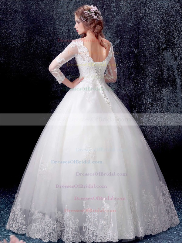 Prettiest Ball Gown V-neck White Tulle Appliques Lace Floor-length 3/4 Sleeve Wedding Dresses #DOB00022871