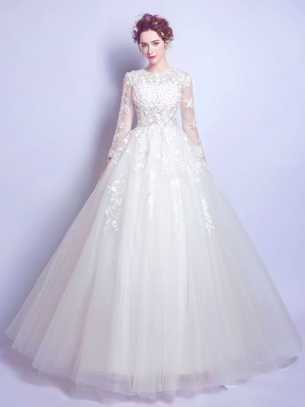 Ball Gown Scoop Neck Tulle Appliques Lace Floor-length Famous Long Sleeve Wedding Dresses #DOB00022872
