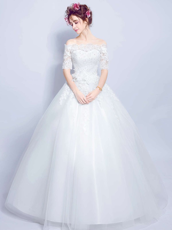 Ball Gown Off-the-shoulder Tulle Appliques Lace Floor-length Sweet 1/2 Sleeve Wedding Dresses #DOB00022873