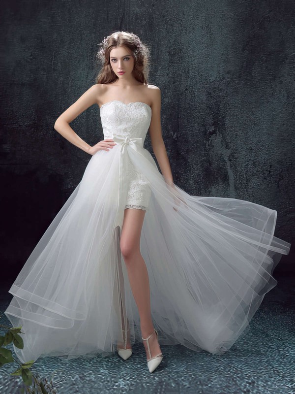 New Style A-line Sweetheart Organza Tulle Appliques Lace Asymmetrical Wedding Dresses #DOB00022878