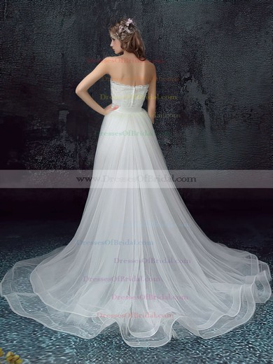 New Style A-line Sweetheart Organza Tulle Appliques Lace Asymmetrical Wedding Dresses #DOB00022878