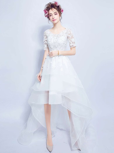 Asymmetrical A-line Scoop Neck Organza Tulle Appliques Lace 1/2 Sleeve High Low Unique Wedding Dresses #DOB00022880