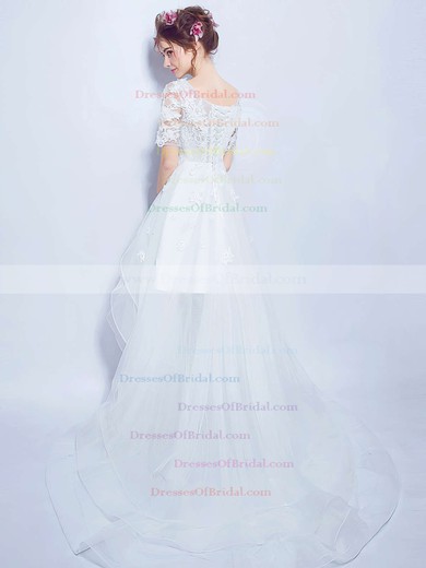 Asymmetrical A-line Scoop Neck Organza Tulle Appliques Lace 1/2 Sleeve High Low Unique Wedding Dresses #DOB00022880