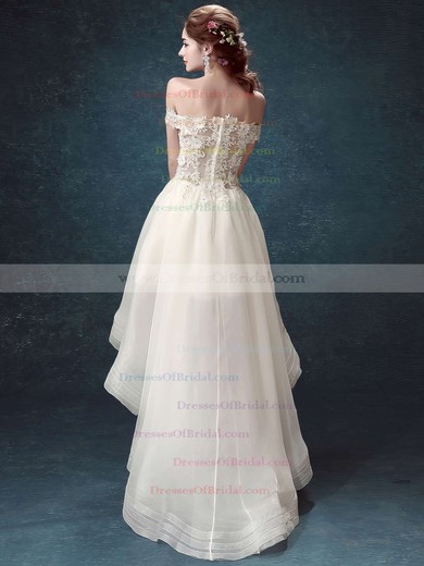 High Low A-line Off-the-shoulder Organza Tulle Appliques Lace Asymmetrical Different Wedding Dresses #DOB00022882