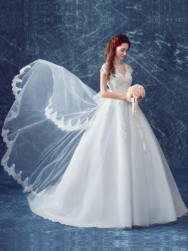 Beautiful V-neck Tulle Appliques Lace Court Train Cap Straps Ball Gown Wedding Dresses #DOB00022883