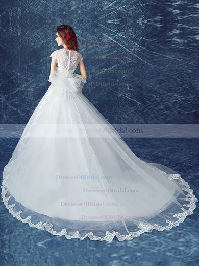Beautiful V-neck Tulle Appliques Lace Court Train Cap Straps Ball Gown Wedding Dresses #DOB00022883