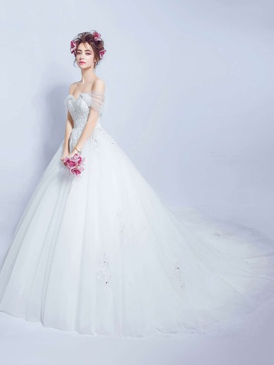 Ball Gown Off-the-shoulder Tulle with Beading Court Train Glamorous Backless Wedding Dresses #DOB00022888