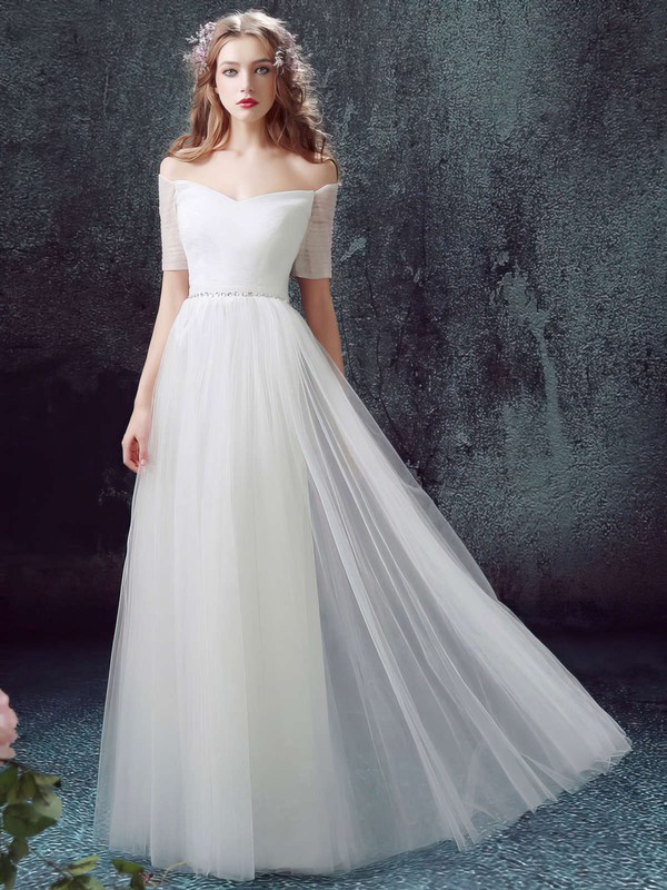 A-line Off-the-shoulder Tulle with Ruffles Floor-length Famous Short Sleeve Wedding Dresses #DOB00022890