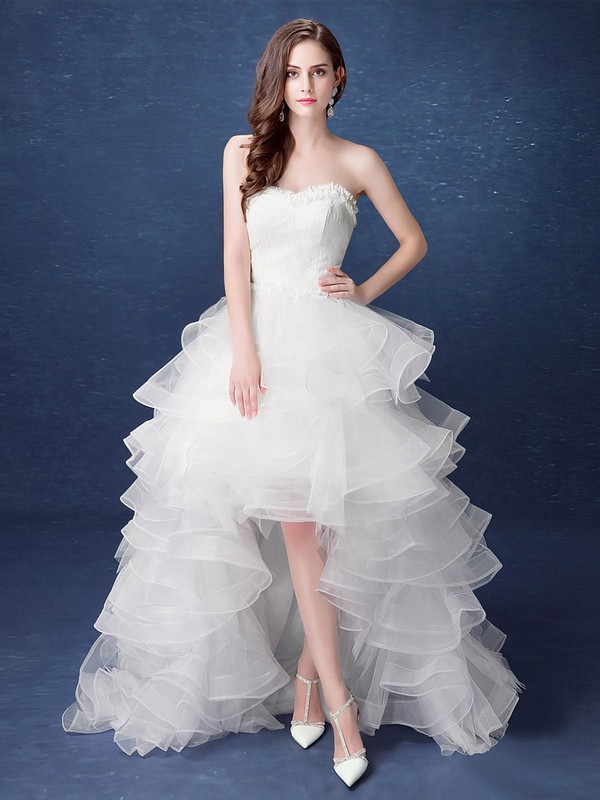 Exclusive High Low A-line Sweetheart Organza with Tiered Asymmetrical Wedding Dresses #DOB00022892