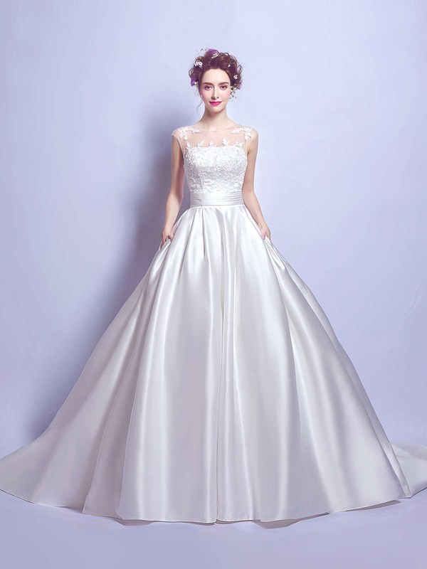 Classic Scoop Neck Satin Tulle with Appliques Lace Court Train Ball Gown Wedding Dresses #DOB00022894