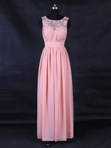 Lace Chiffon A-line Scoop Neck Floor-length with Ruffles Bridesmaid Dresses #DOB01013123
