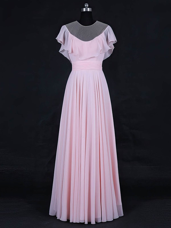 Tulle Chiffon A-line Scoop Neck Floor-length with Ruffles Bridesmaid Dresses #DOB01013125