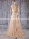 Tulle A-line V-neck Sweep Train with Appliques Lace Bridesmaid Dresses #DOB01013178