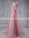 Tulle A-line Scoop Neck Sweep Train with Lace Bridesmaid Dresses #DOB01013180
